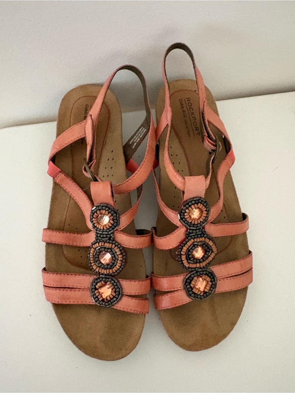 Rockport Coral Pink Beaded T-Strap Sandals